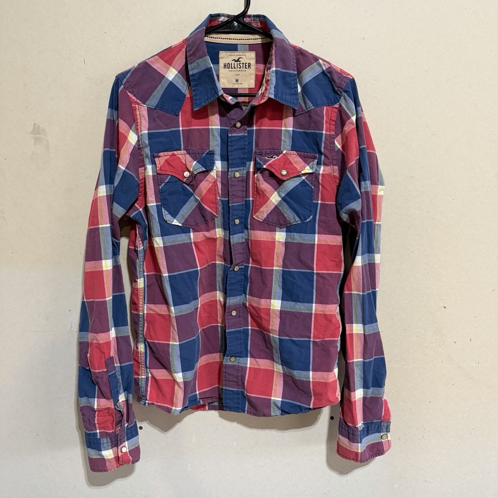 Hollister California Mens M Plaid Western Pearl Snap Long Sleeve Shirt Red Blue